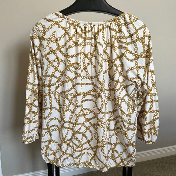 Michael Kors Cotton-Blend Golden Chain-Link Print Pleated Top 3/4 Sleeves - Picture 5 of 13